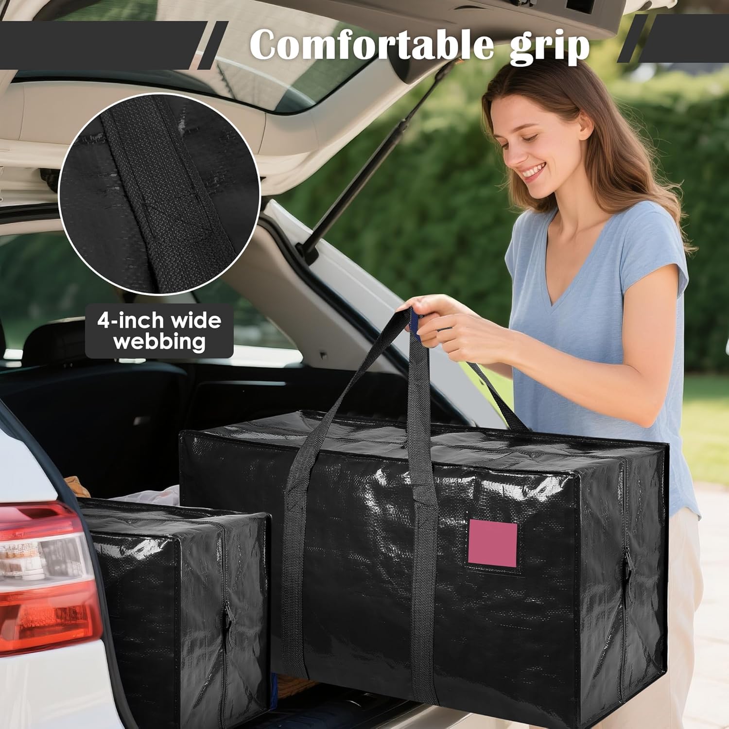 Skiennix Extra Large Heavy Duty Moving Bags - Reinforced Zipper & Wide Handles | Moisture-Resistant Storage Bins for Clothes, Travel & Home Organization - Black (6 Pack)