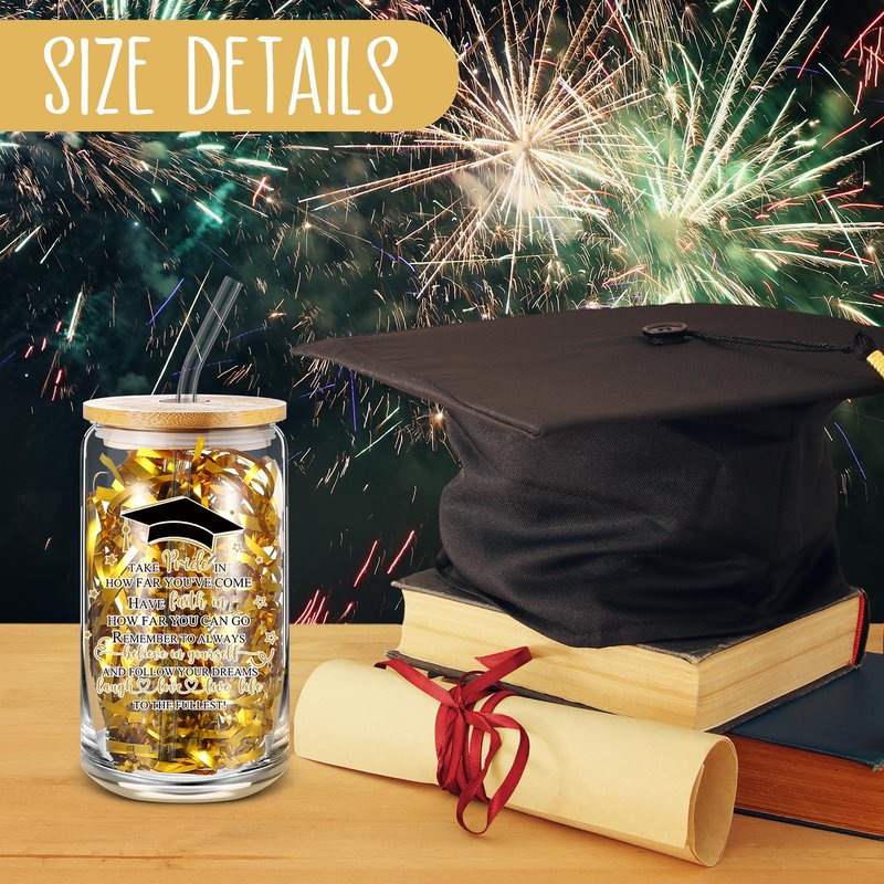 FoldTier 24 Pcs Graduation Gifts Glass Cup Class of 2026 Bulk 16 oz Drinking Cup with Lid and Straw College Her Him Graduate Gift Coffee Cup for Teen High School Grad Party Favor (Gold)