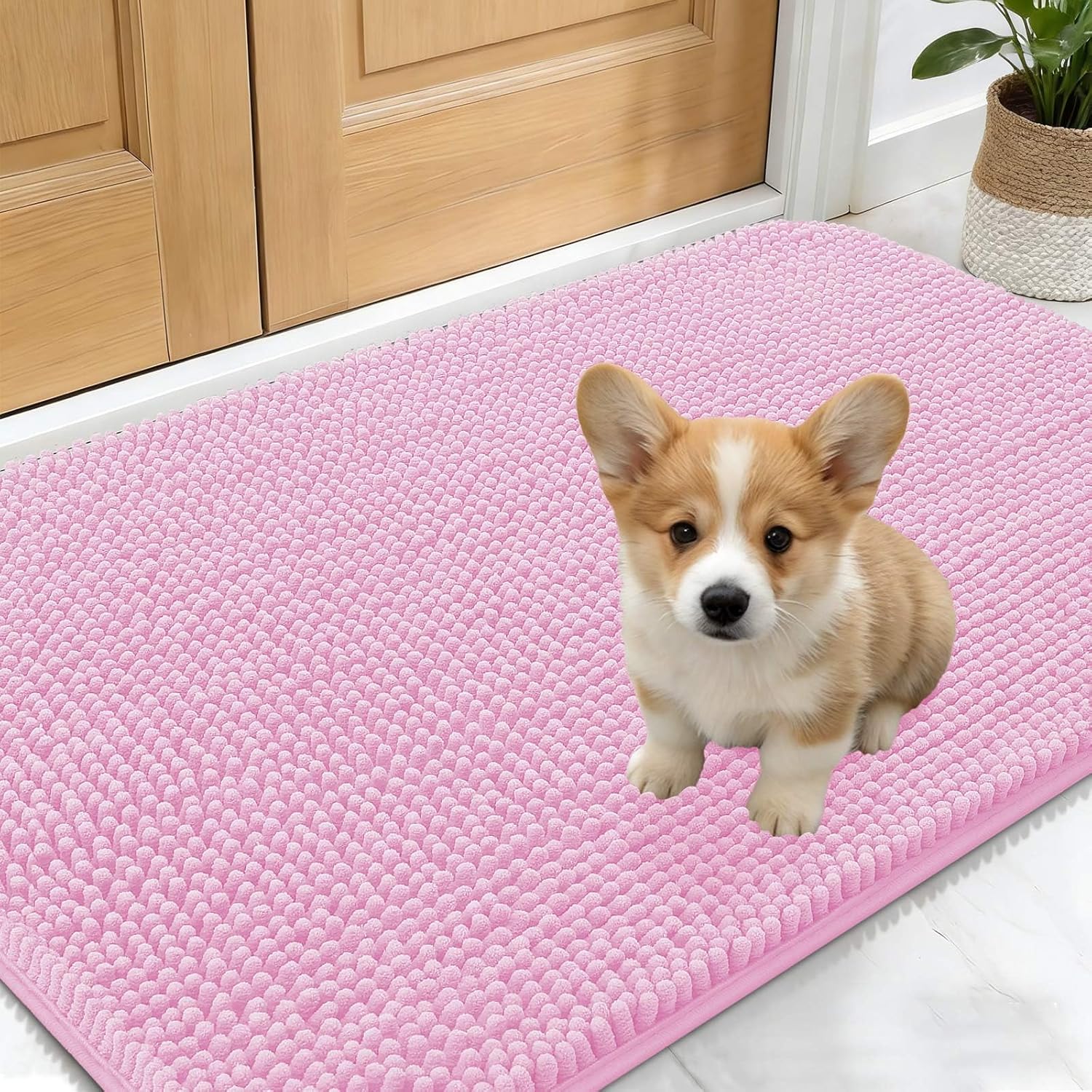 OLANLY Dog Door Mat - Absorbent Non-Slip Mud Mat for Indoor Use | Quick Dry Chenille, 24x16, Pink