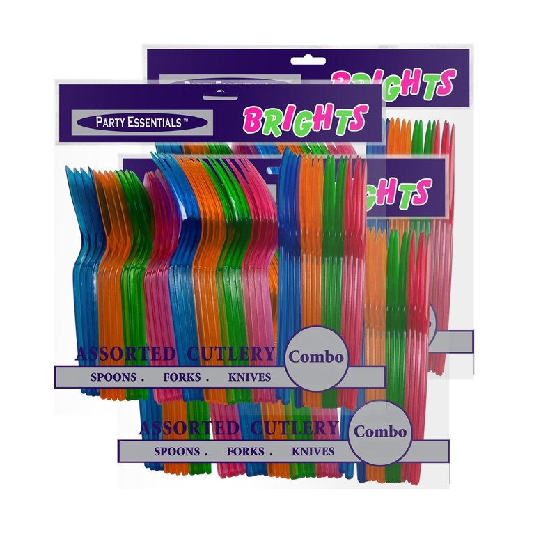 Party Essentials Hard Plastic Cutlery Combo Pack, 144 Pieces/48 Place Settings, Assorted Neon Brights
