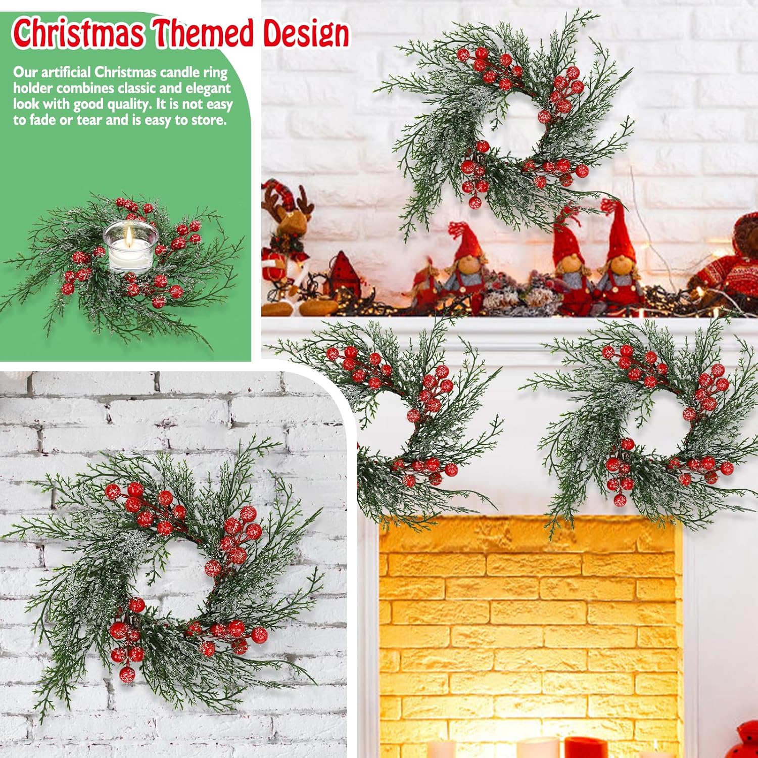 Regine Switzerland Christmas Candle Rings - Set of 6 Artificial Wreaths with Red Berries & Snowy Pine for Festive Table Centerpieces