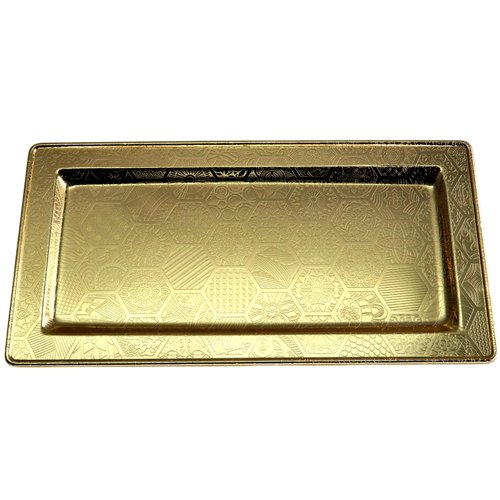 Maro Megastore 13.6 inch x 6.9 inch Rectangular Iron Gold Plated Serving Tray Floral Engraved Decorative Party Birthday Wedding Buffet Wine Candle Decor Platter Plate Base Dish FST-077