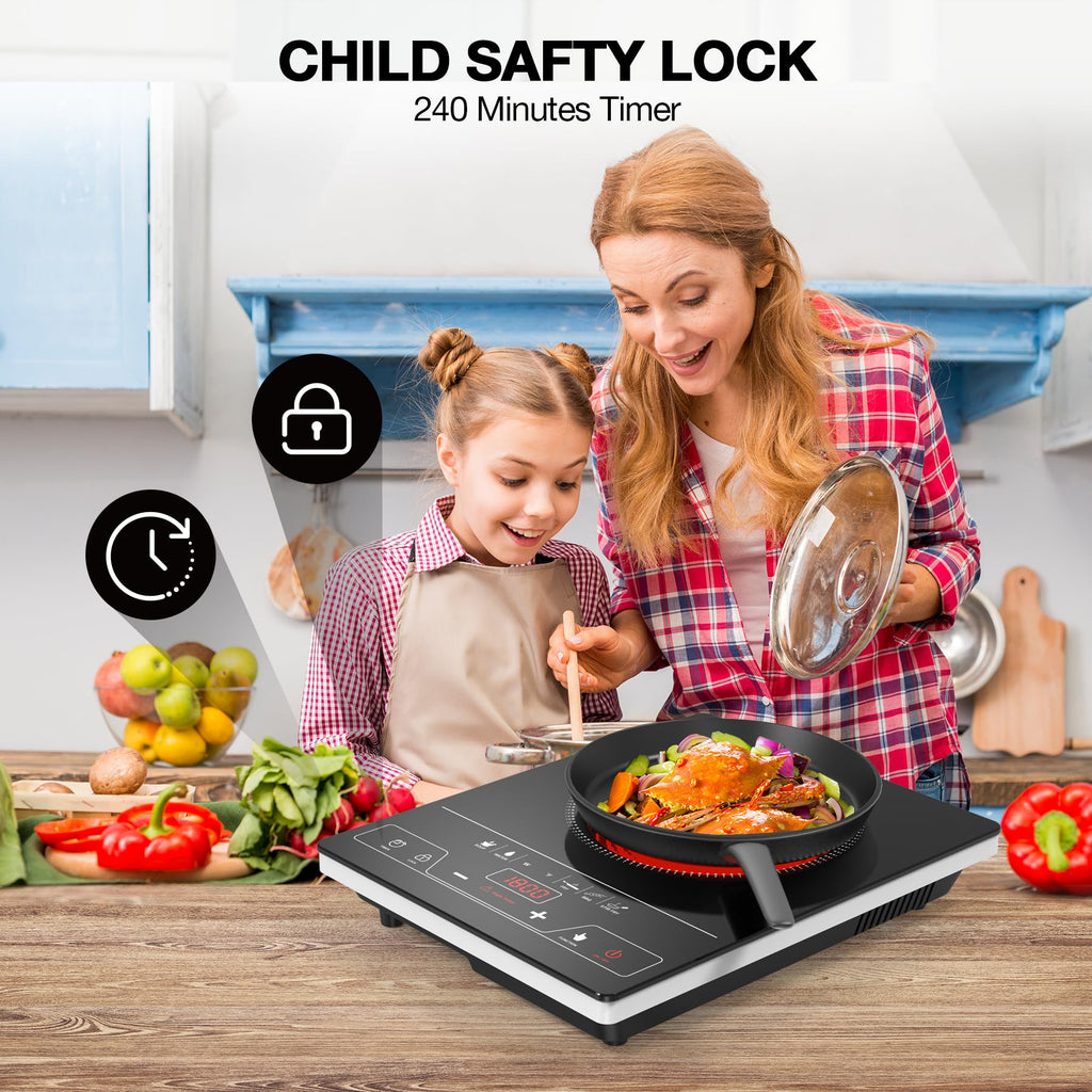 VBGK Single Burner Electric Cooktop,1800W Electric Stove Top Portable Cooktop LED Touch Control,8 Power Levels, Kids Lock