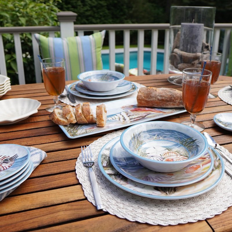 Seacoast Melamine Dinner Plates Set of 6 – 11" Coastal Shell and Starfish Beach-Themed Plates, Reusable Ocean-Inspired Break-Resistant Dinnerware, BPA-Free, Dishwasher Safe for Outdoor Use