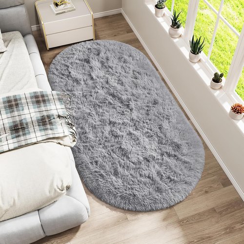 LOCHAS Gray Fluffy Shaggy Area Rug - Soft Oval Bedroom Throw Rug 2.6' x 5.3' for Kids & Nursery Decor