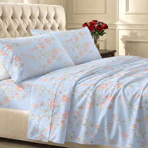 California Design Den Twin XL Bed Sheets Set - 100% Cotton, 400 Thread Count, Floral Blue/Pink
