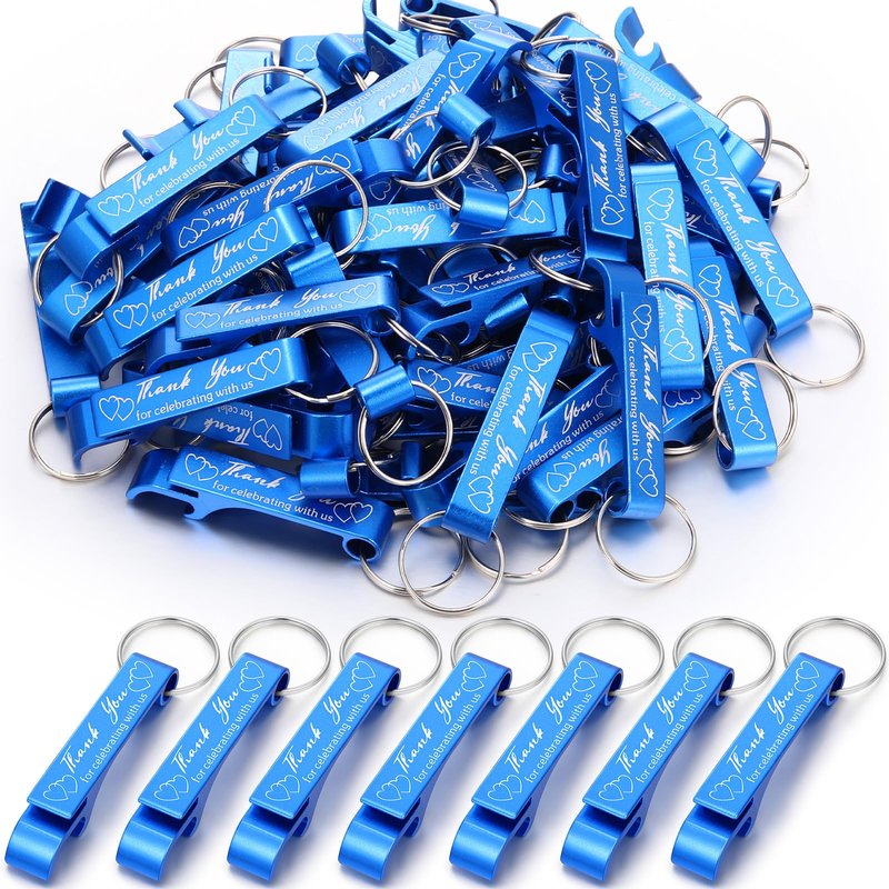Dandat 100 Pcs Bottle Opener Keychain Bulk Personalized Thank You Wedding Favors for Guests Aluminum Wine Beer Opener Engraved Wedding Guest Gifts for Birthday Party Graduation Souvenirs(Blue)