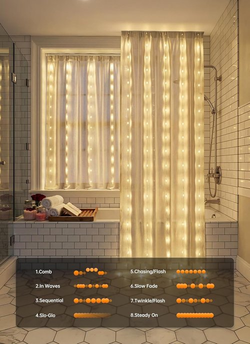 Brightown 180 LED Shower Curtain Fairy Lights - 70 Inch Warm White Waterproof String Lights | 8 Modes for Indoor & Outdoor Decor