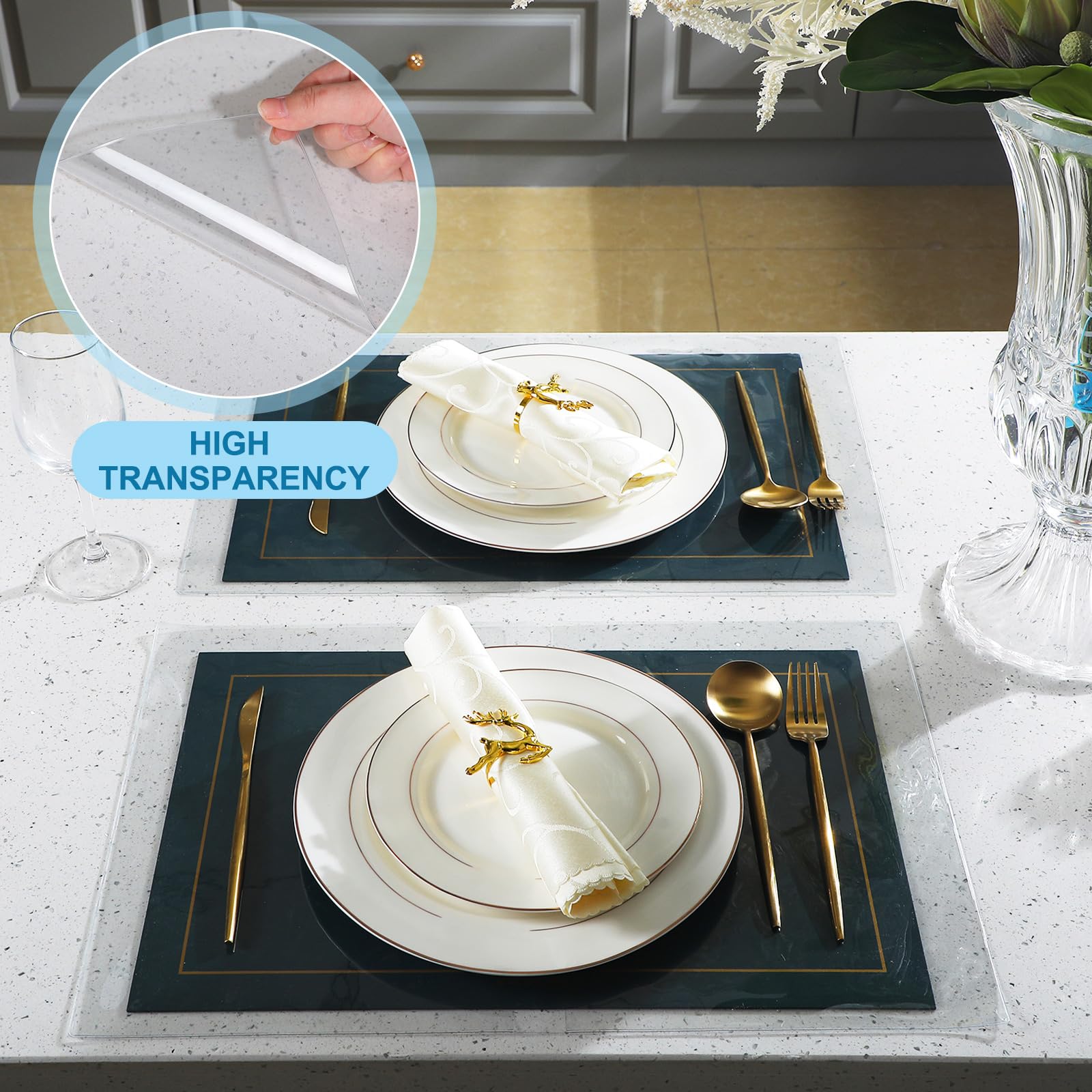 Gandeer 8 Pcs Clear Placemats 13 ¼" x 20" Placemat Protector Clear Plastic Pad for Kitchen Dinner Table Place Mats Covers Dining Waterproof, Wipeable