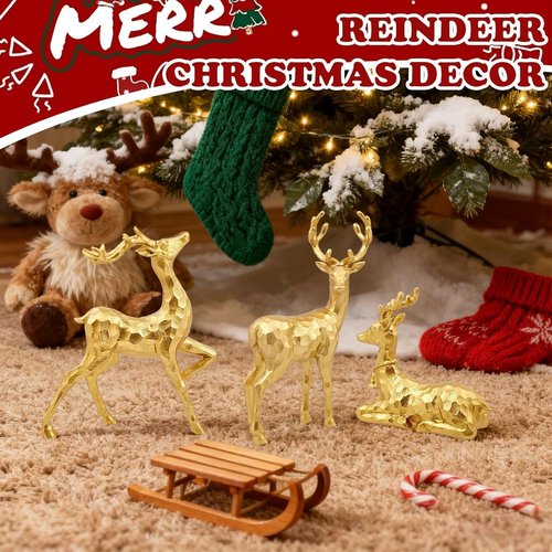 Exasinine Gold Reindeer Decor - 3 PCS Christmas Figurines for Holiday Indoor Decorations | Centerpieces & Ornaments