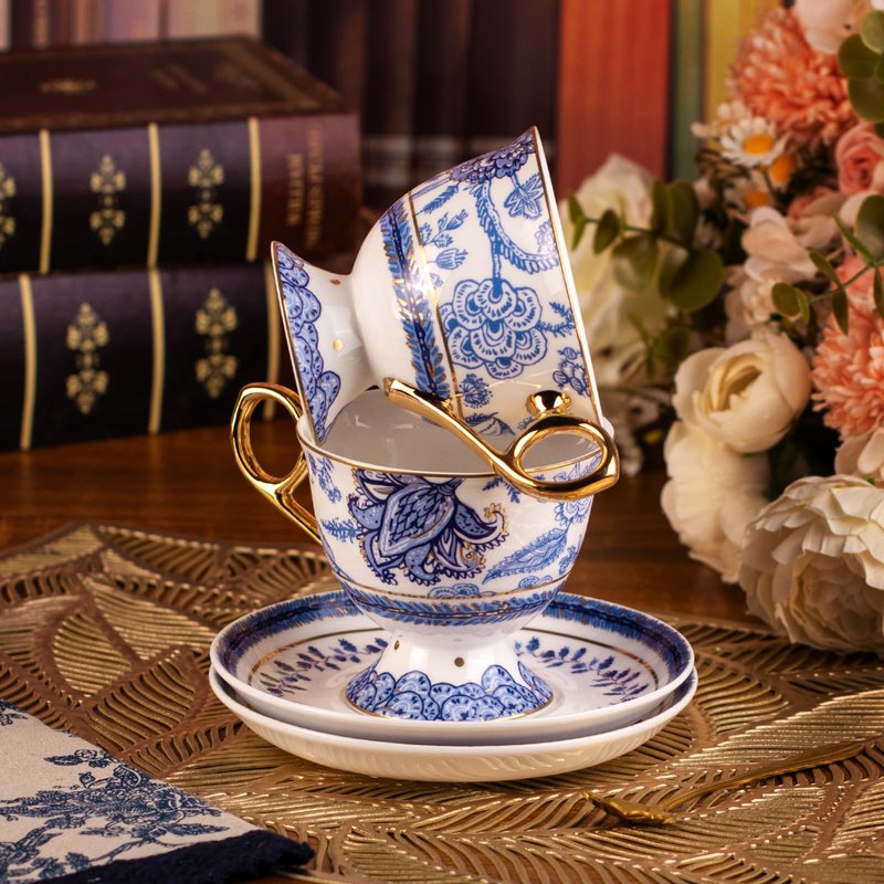 KAMMAK Tea Cups and Saucers Set of 2, Fine Bone China Coffee Cups, 8.5-Ounce Stackable Espresso Mugs, Ceramic Demitasse for Coffee, Cappuccino, Latte, Americano, Tea, Tall Navy