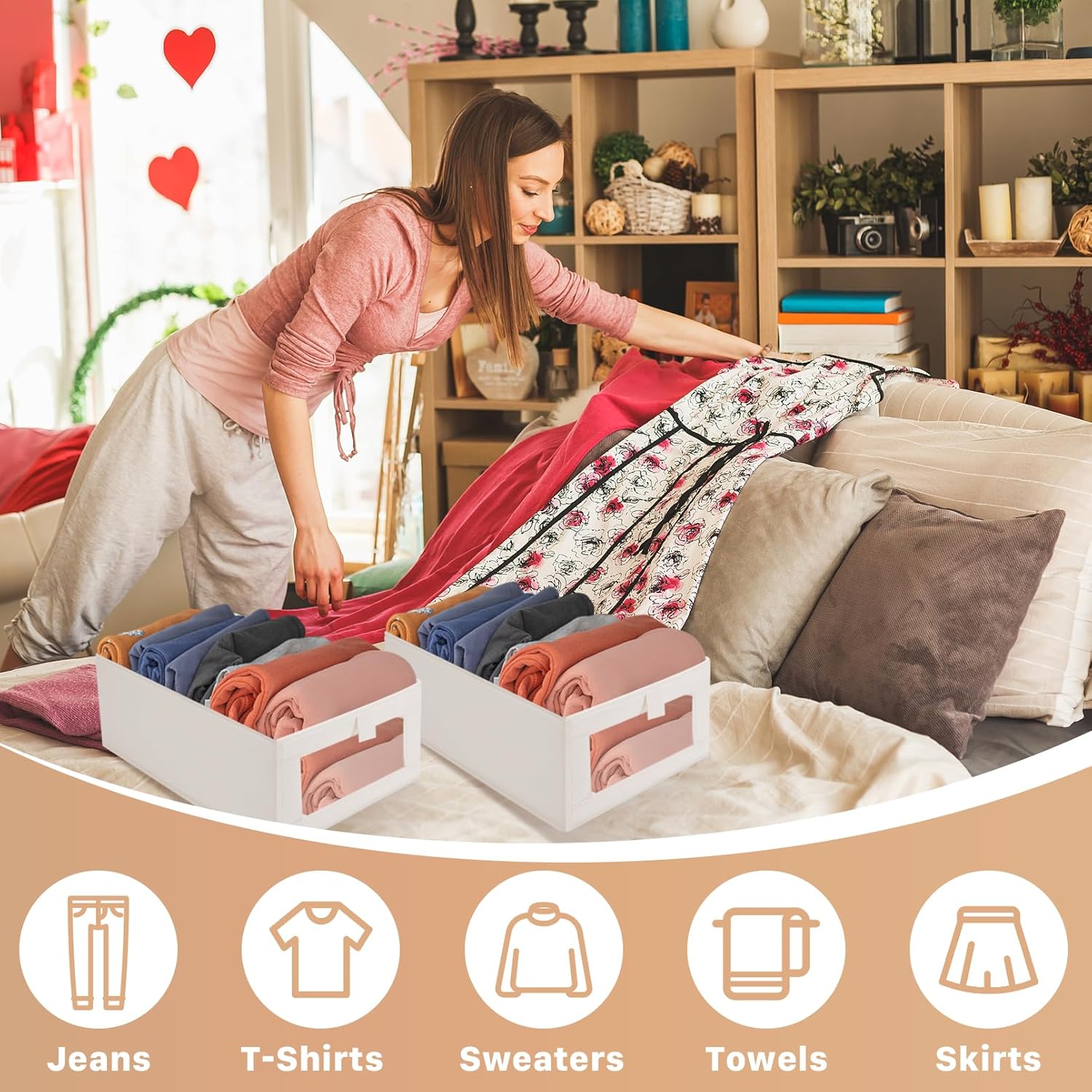 Skiennix 4 Pack Closet Organizer Bins - Foldable Linen Storage Baskets with Window | Beige