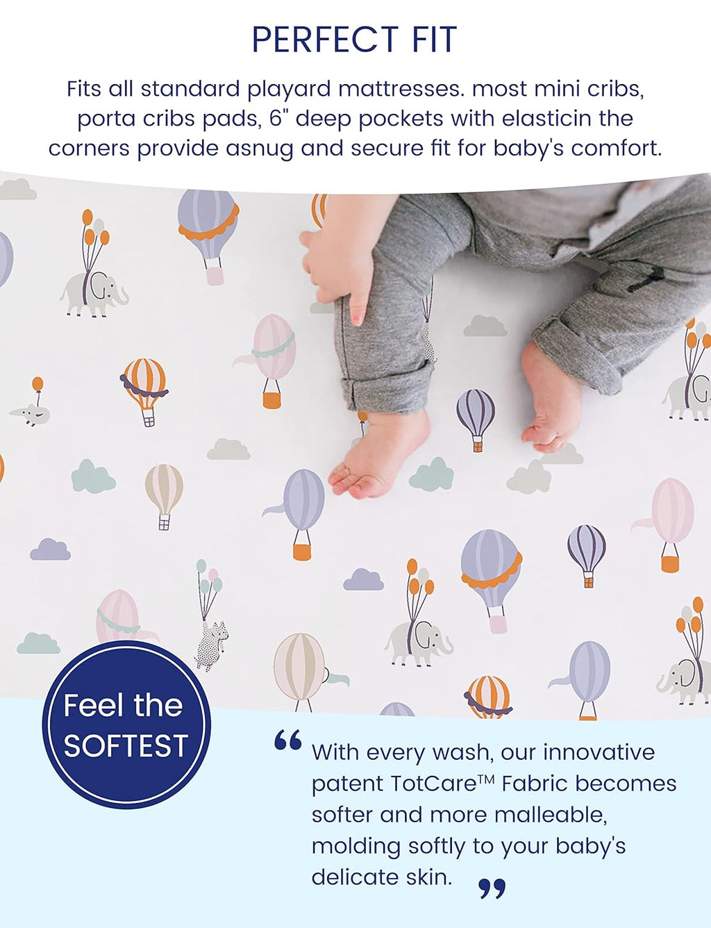 TotAha Premium Stretchy Pack N Play Playard Sheets - Hypoallergenic, Silky Soft Jersey-Knit (2-Pack, 38" x 24", Balloon & Sailboat)