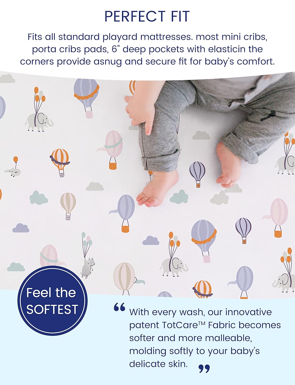 TotAha Premium Stretchy Pack N Play Playard Sheets - Hypoallergenic, Silky Soft Jersey-Knit (2-Pack, 38" x 24", Balloon & Sailboat)