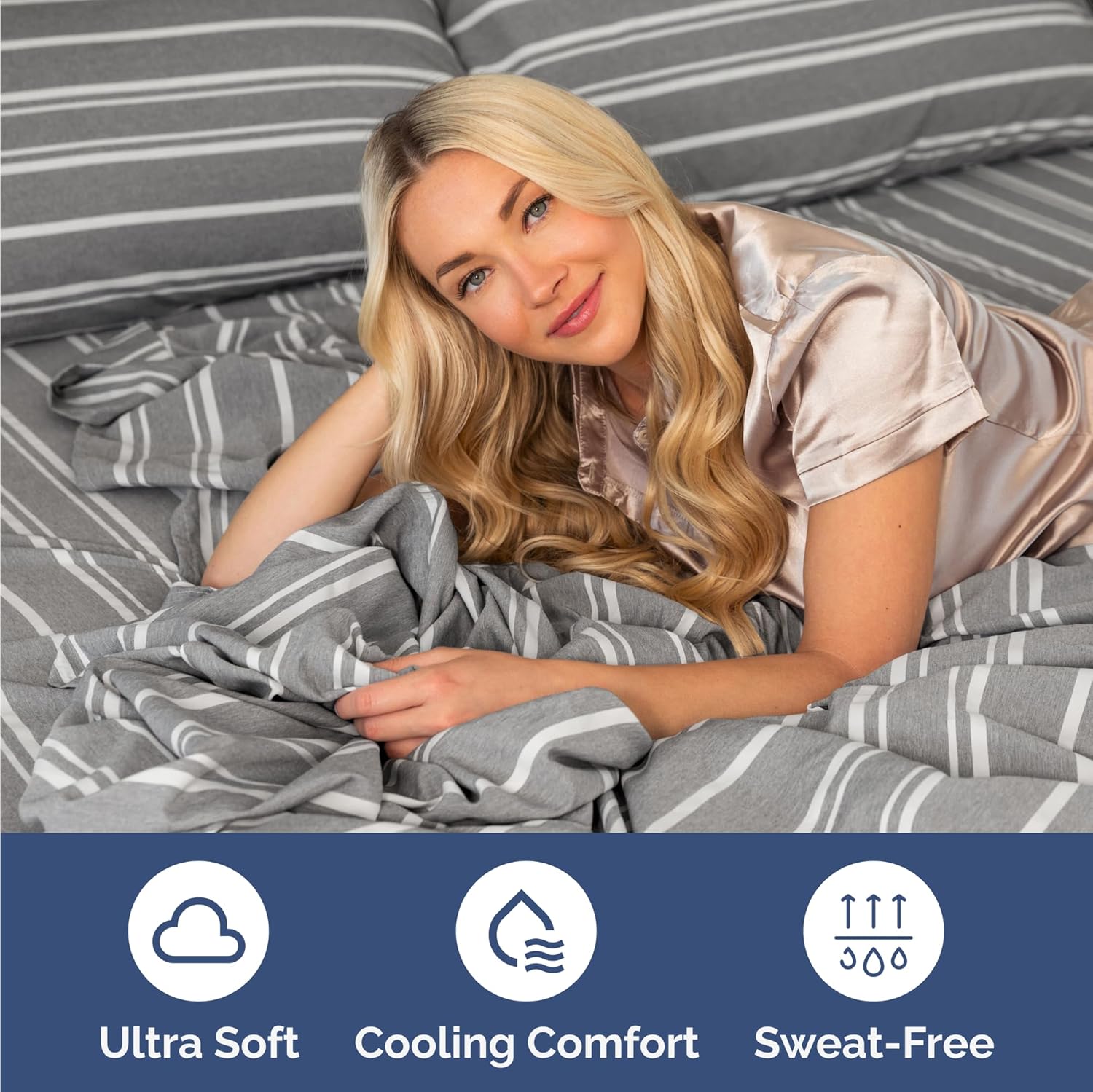 Skiennix Twin Size 3-Piece Sheet Set - Comfy Cooling Bed Sheets with Deep Pockets - Grey Stripes