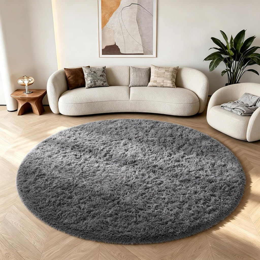 Ophanie Round Rug - 6Ft Grey Circle Area Rug | Plush Shag Carpet for Bedroom & Nursery Decor