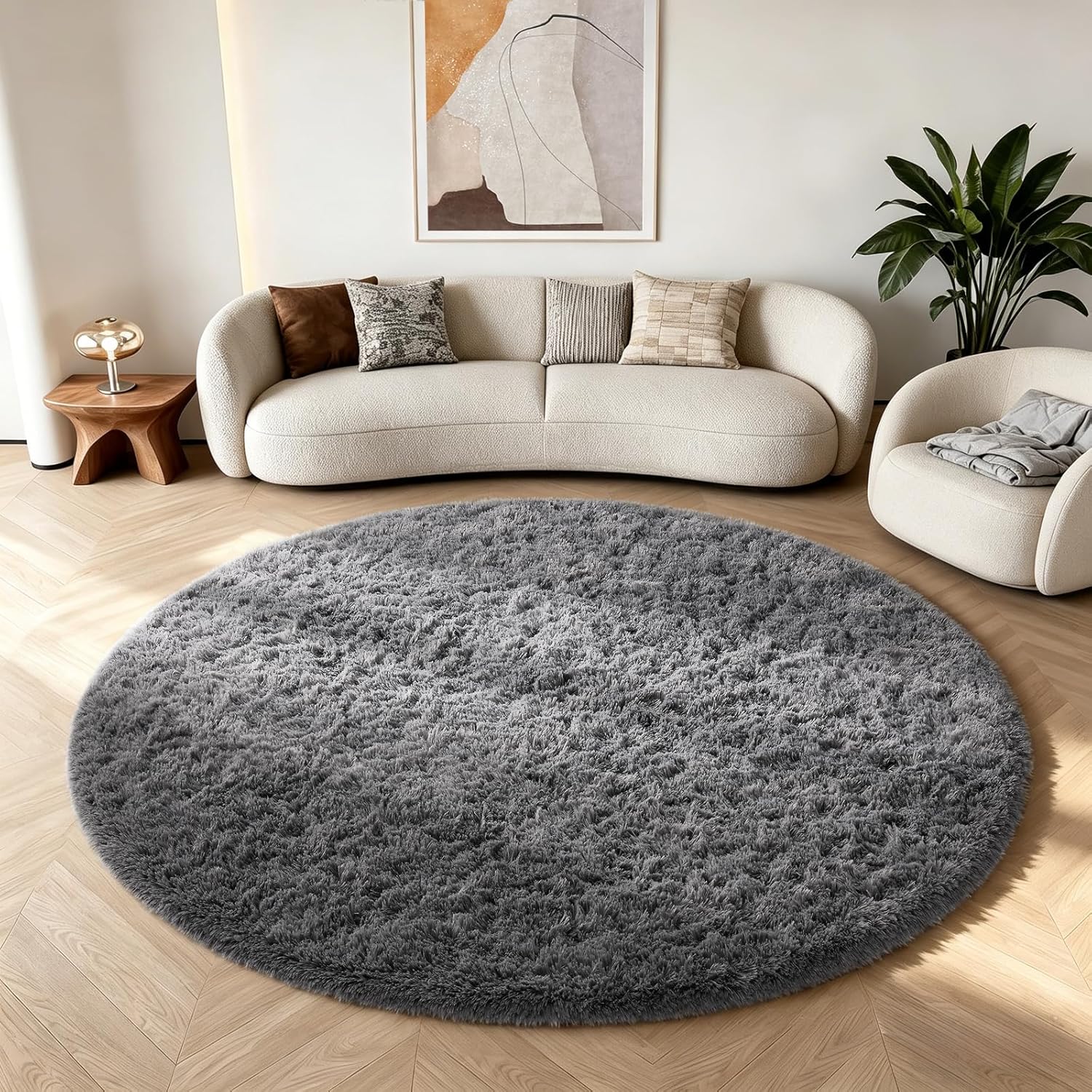 Ophanie Round Rug - 6Ft Grey Circle Area Rug | Plush Shag Carpet for Bedroom & Nursery Decor