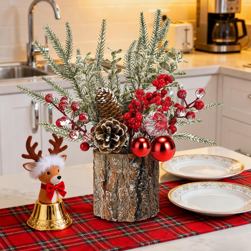 Regine Switzerland Christmas Table Centerpiece - Rustic Pinecones & Red Berries | 2-Piece Holiday Decor Set