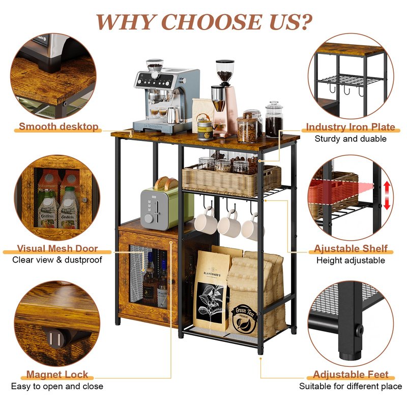 Small Kitchen Island Table with Storage, 4 Tier Microwave Stand, Bakers Rack, Coffee Bar Cabinet Station with Storage Cabinet, Kitchen Rack with Adjustable Shelves & 3 Hooks for Kitchen Dining Room