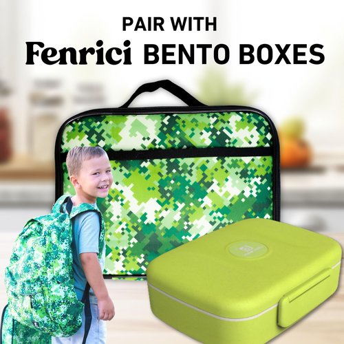 Fenrici Lunch Box for Boys, Kids, Boy's Lunch Box for School, Insulated Lunch Bag for Preschool, K-6, Soft Sided Compartments, Spacious, BPA Free, Food Safe,10.8in x 8.5in x 2.8in, Green Pixel