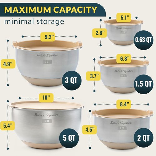Baker's Signature Stainless Steel Mixing Bowls Set - Airtight Lids, Non-Slip Base | 5 Sizes (0.63QT-5QT), Khaki