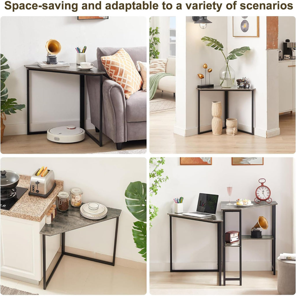 VECELO Corner Desk,Office Tables for Living Room for Small Space Triangle Computer Desk with Steel Frame Corner Shelves with Metal Frame Writing Desk for Workstation Classic Grey 33.1"