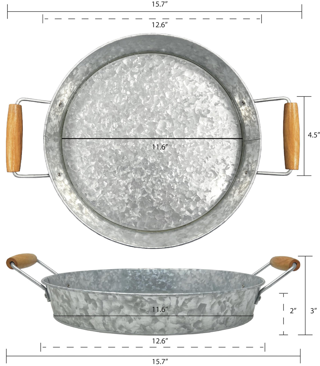 Gathery Galvanized Round Tray w/Wooden Handles for Home, Office, Party, Wedding, Spa, Serving (Original)