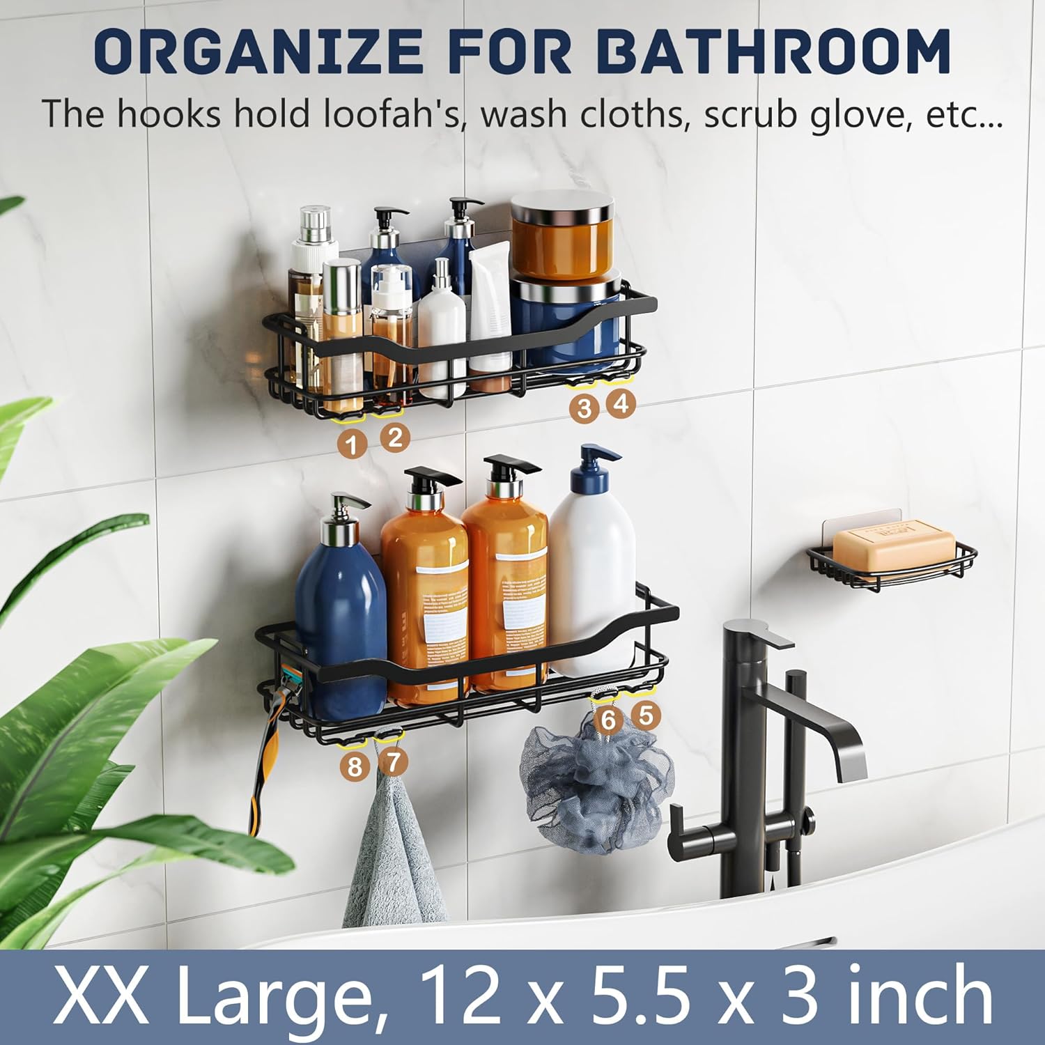 OMAIRA Shower Caddy - 3-Pack Adhesive Rustproof Organizer with Soap Holder for Smooth Walls | Black (X-Large)