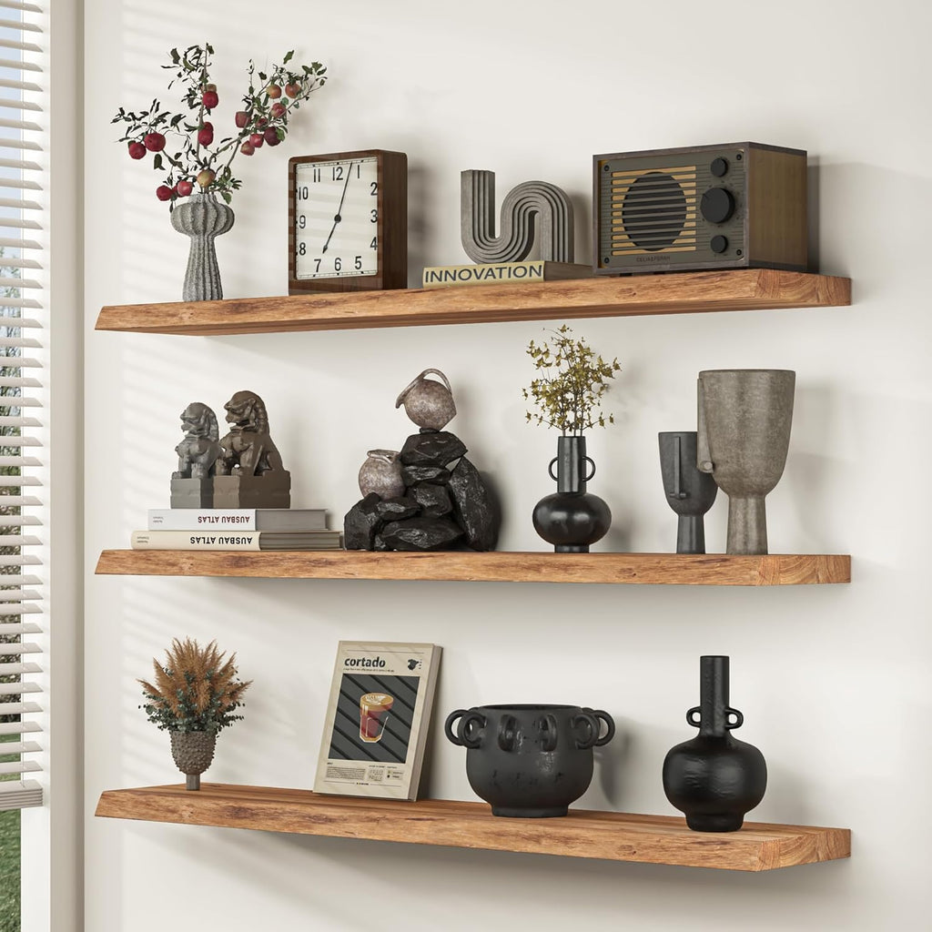 Rustic Elm Wood Floating Shelves by [Brand Name] - Heavy-Duty 36"x9.3" Wall Shelves | Set of 2 for Living Room, Bedroom, Kitchen