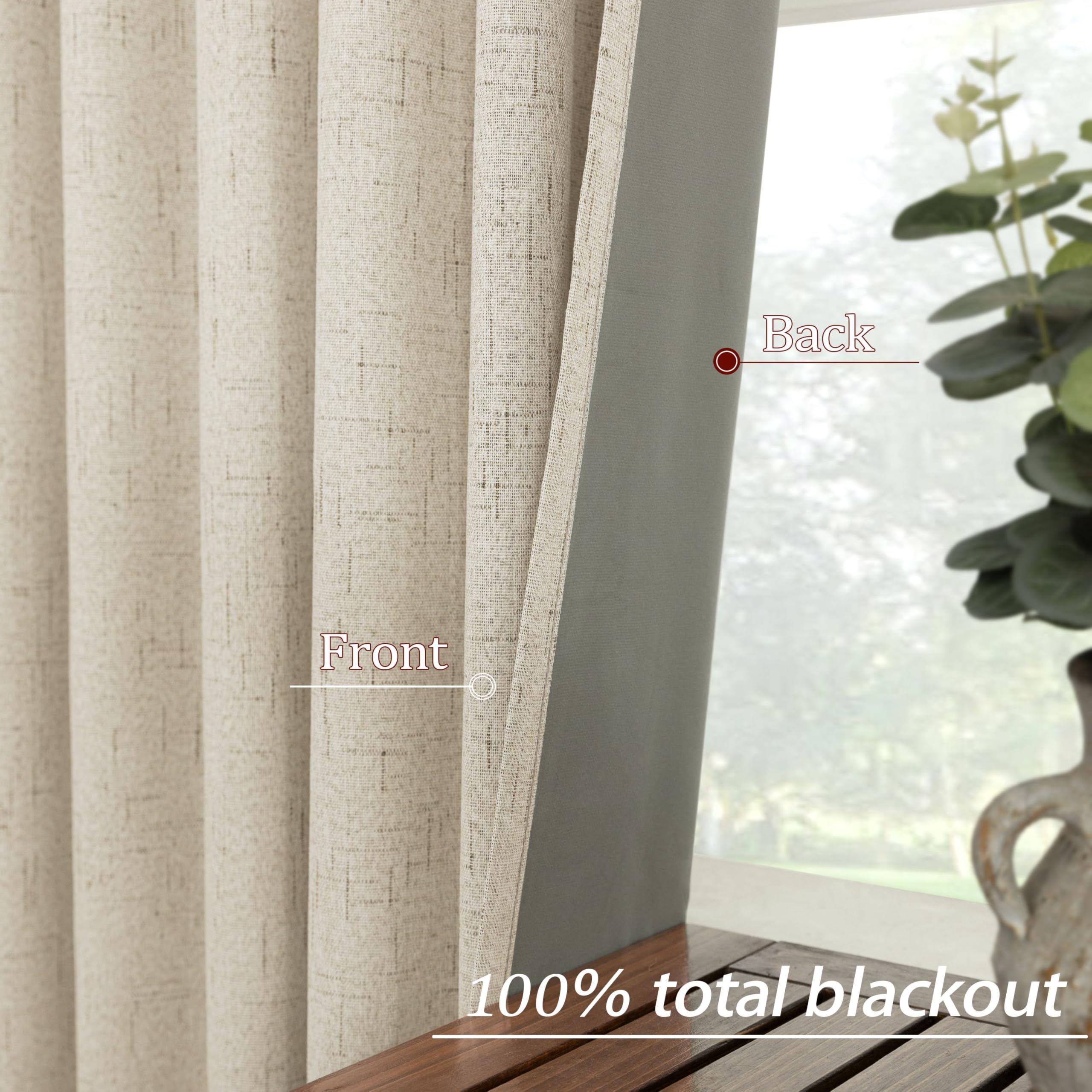 KOUFALL 100 Inch Curtains Long,Blackout Beige Linen Back Tab Pleated Black Out Curtains for Bedroom Living Room 2 Panels Set