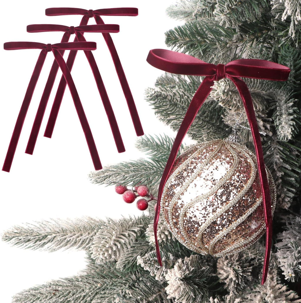 Ribbli Burgundy Velvet Bows - 24 Vintage Christmas Tree & Wreath Ribbon Bows | 5 x 7 Inch, 3/8 Inch Wide