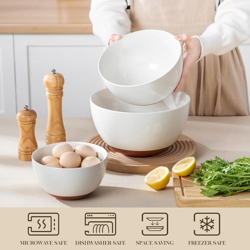 MALACASA Ceramic Mixing Bowls Set - Large Nesting Bowls for Cooking & Baking | 3 Sizes, Oven & Microwave Safe