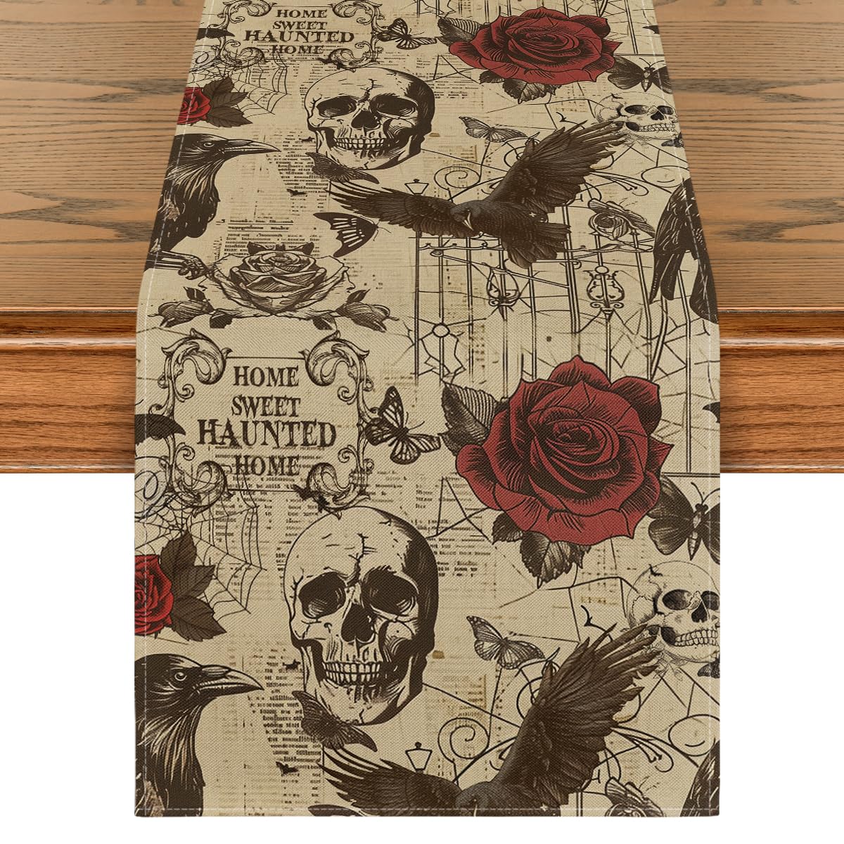 Artoid Mode Retro Gothic Skull Day of The Dead Halloween Table Runner, Roses Holiday Kitchen Dining Table Decoration for Home Party Decor 13 x 108 Inch