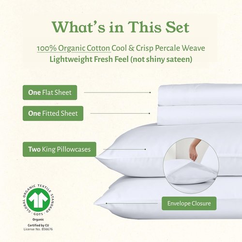California Design Den King Size Sheets Set - Soft 100% Organic Cotton Percale with Deep Pockets - White