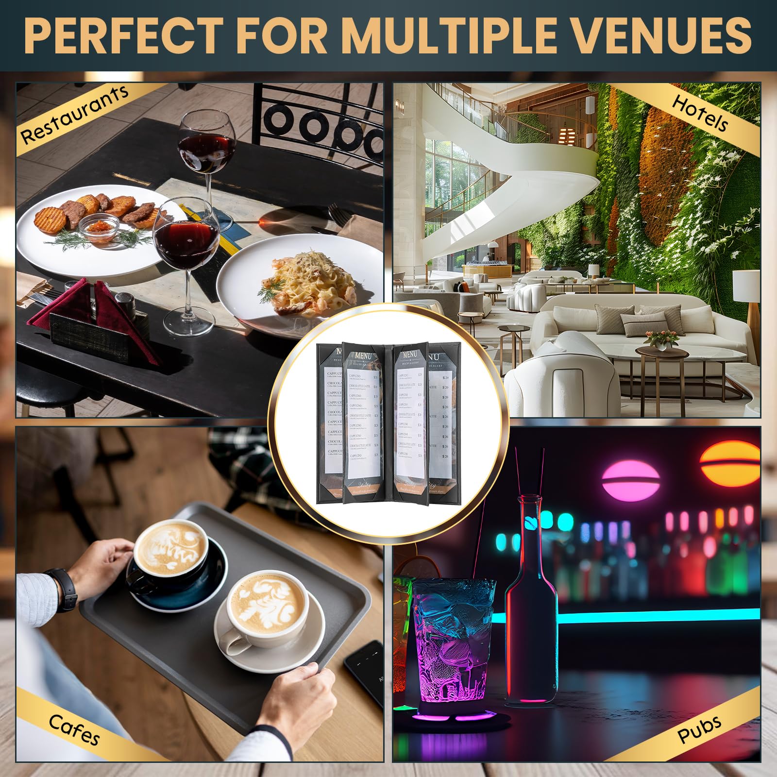 AMGSH Menu Holder Menu Covers 4.25" x 11" | 10 Pack Black Leather Menu Sleeves Book Style for Restaurant Coffee Bars Wine List (6 View, 10 Pack)