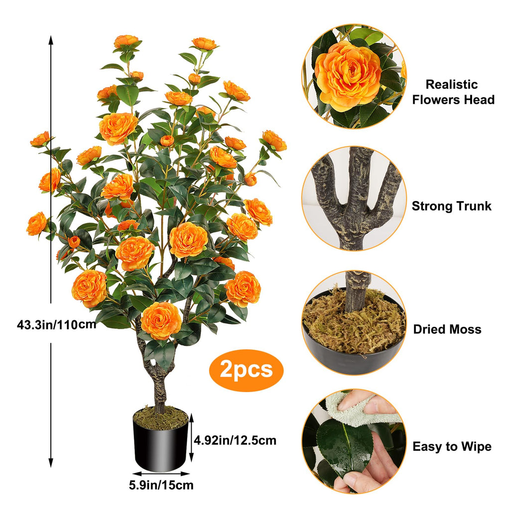 2 Pack 43.3"/3.6FT Artificial Tree with Camellia Flowers Fake Tree with 32 Blooming Flowers Orange Tree for Spring Home Front Door Outdoor Indoor Decor (Including Dried Moss)