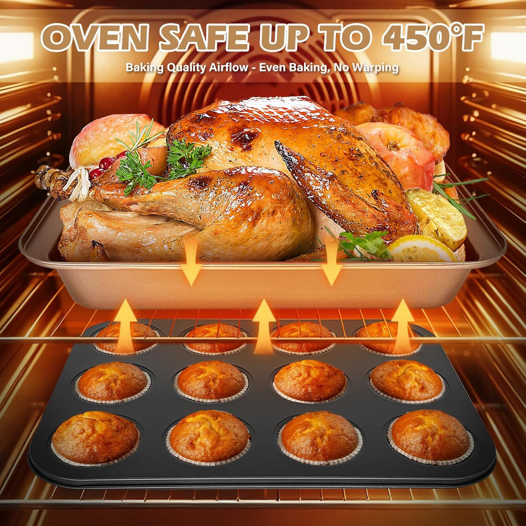 Skiennix Nonstick Bakeware Set - 15-Piece Baking Pan Set with Cooling Rack & Accessories | Oven Safe Metal