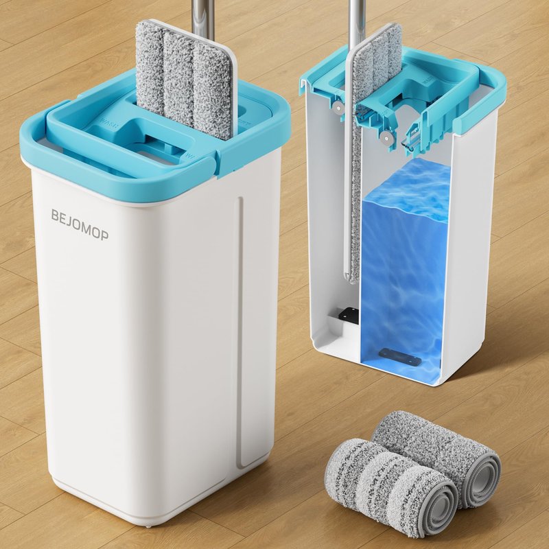 BEJOMOP Mop and Bucket Set, Mops for Floor Cleaning Turquoise-Cyan, Wall Mop with Long Handle, Squeeze Flat Mop and Bucket System, Dry & Wet Dust Mop for Household Cleaning with 2 Microfiber Mops