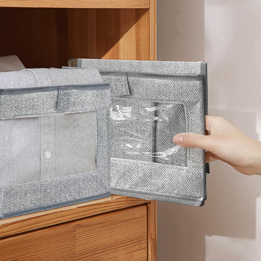 Skiennix Linen Closet Storage Bins - 6 Pieces with Clear Window for Organizing Clothes & Books