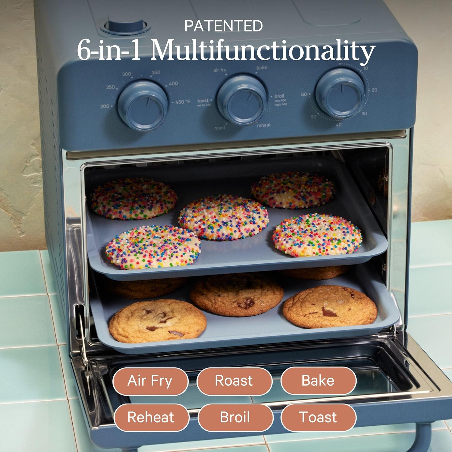 Our Place Wonder Oven - 6-in-1 Air Fryer & Toaster Oven with Steam Infusion | Nonstick Ceramic Bakeware Set (Round, Square & Muffin Pan) | Non-Toxic PFAS-Free | Blue Salt