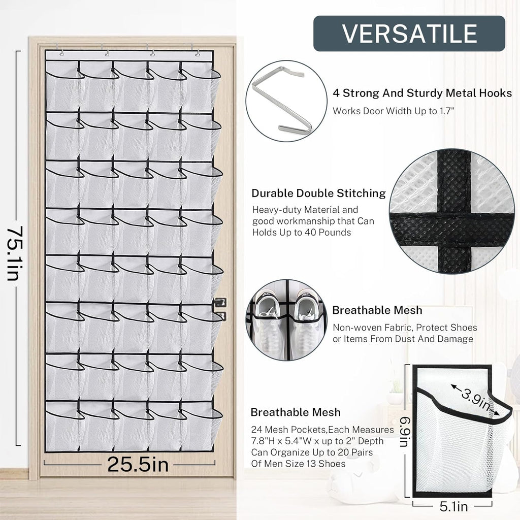 Skiennix Over The Door Shoe Organizer - 40-Pocket Hanging Rack for Closet Storage | Black Mesh Pockets