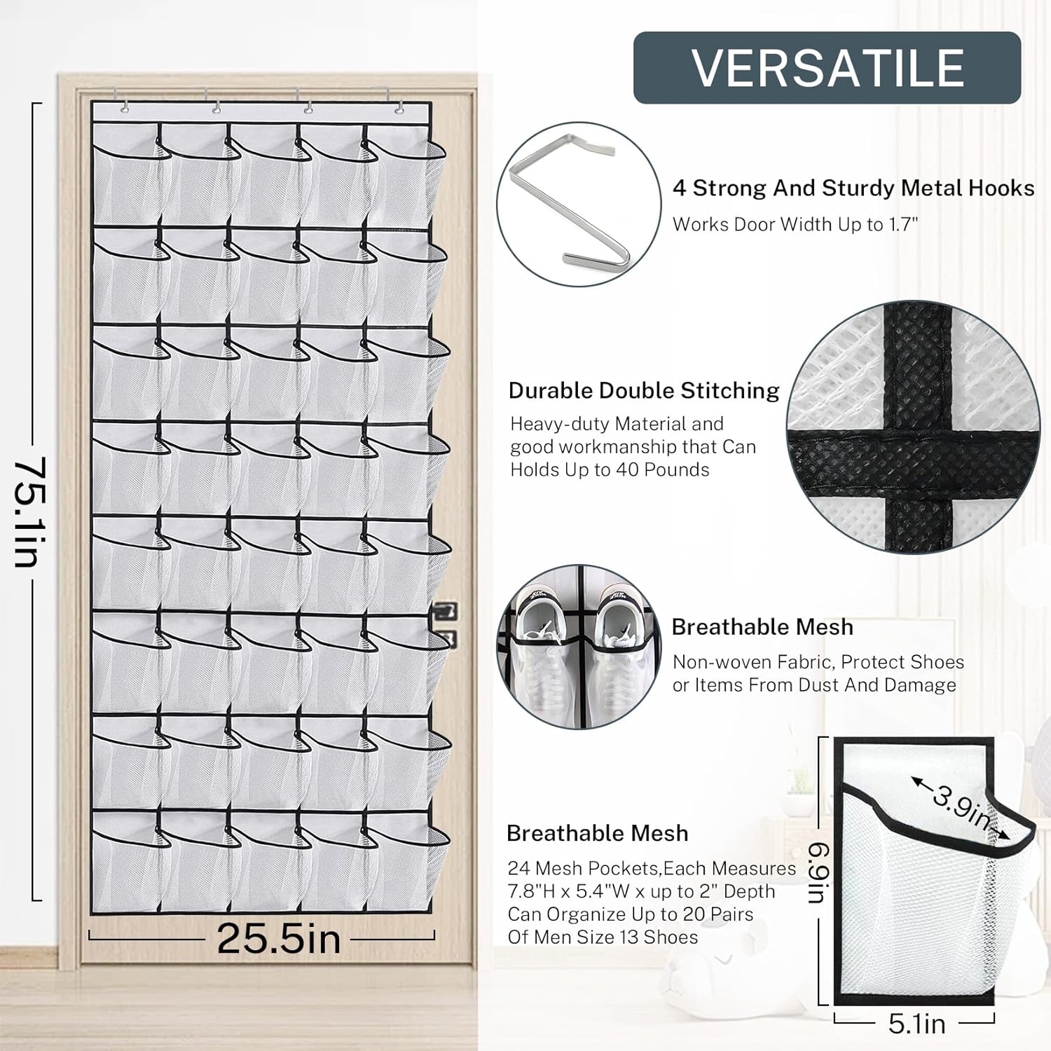Skiennix Over The Door Shoe Organizer - 40-Pocket Hanging Rack for Closet Storage | Black Mesh Pockets