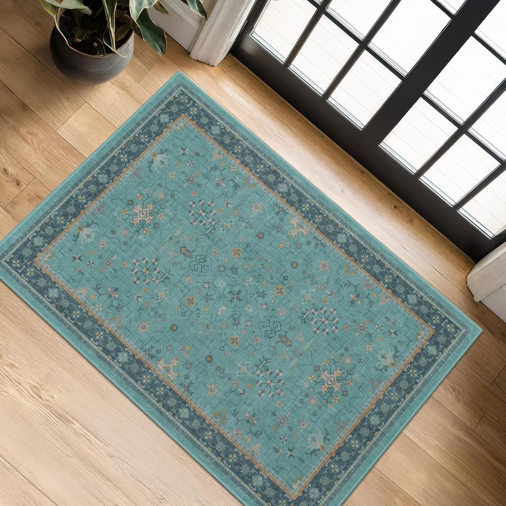 Skiennix Washable Teal Rug - Non-Slip, Stain & Fade Resistant | Perfect for Entryway, Kitchen & Bathroom