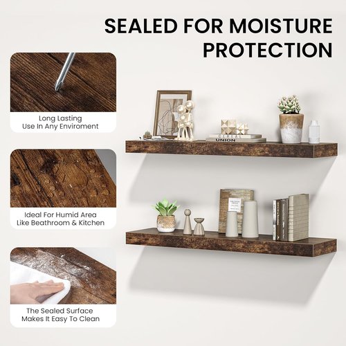 FLYJOE Floating Wall Shelf - 55"W Wooden Display Shelf with Invisible Brackets | Rustic Brown, Ideal for Home Decor