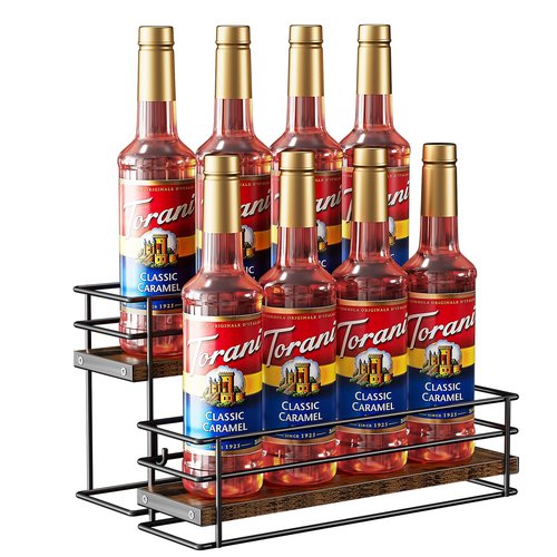 Nuovoware Coffee Syrup Organizer, 2-Tier 8 Bottles Organizer, Separable Metal Rack with Wooden Base Whiskey Wine Dressing for Countertop Kitchen Bar, Black