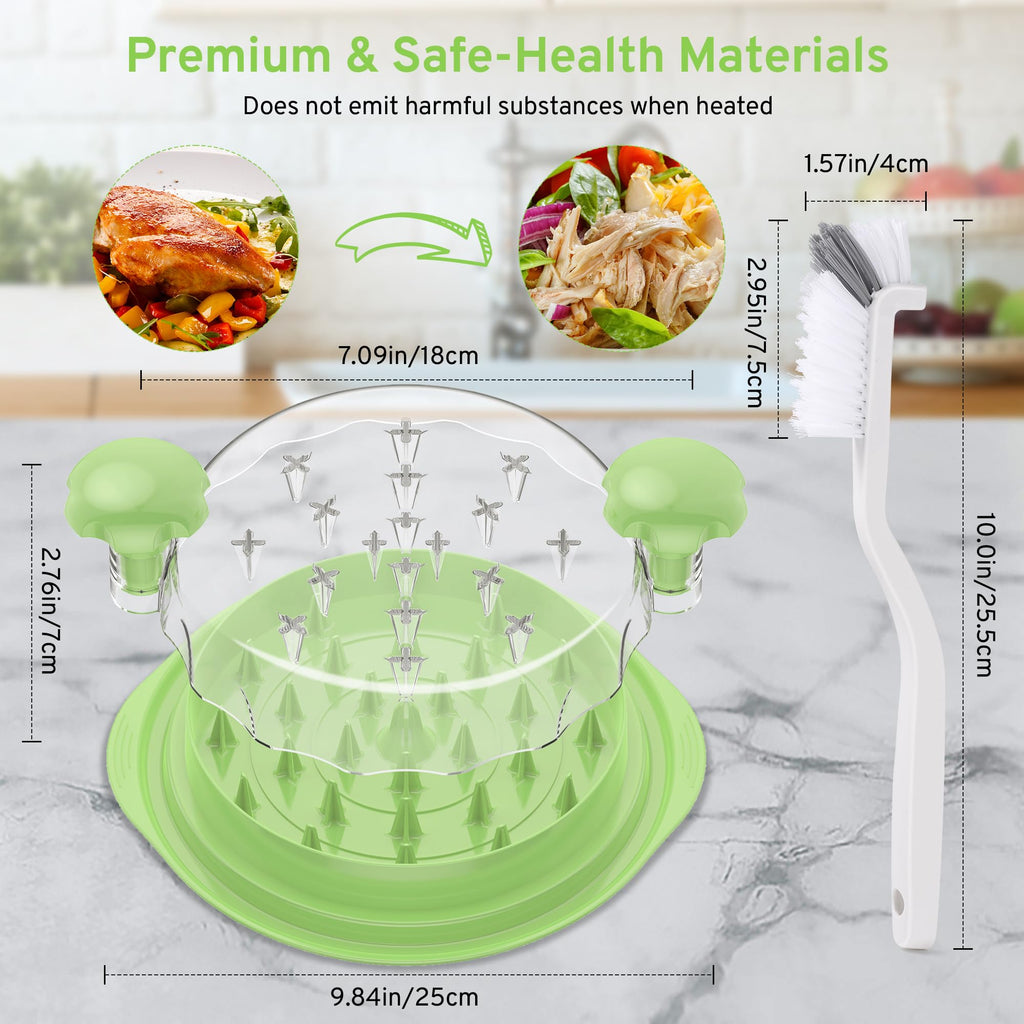Upgrade Chicken Shredder, 10''Chicken Shredder Tool Twist with Transparent Lid, Ergonomic Handle and Anti-Slip Base, Dishwasher Safe, Cleaning Brush, Heat Resistant (Green)