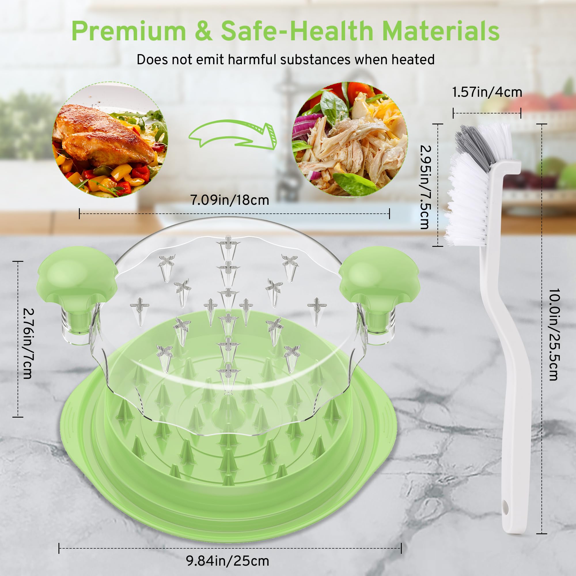 Upgrade Chicken Shredder, 10''Chicken Shredder Tool Twist with Transparent Lid, Ergonomic Handle and Anti-Slip Base, Dishwasher Safe, Cleaning Brush, Heat Resistant (Green)