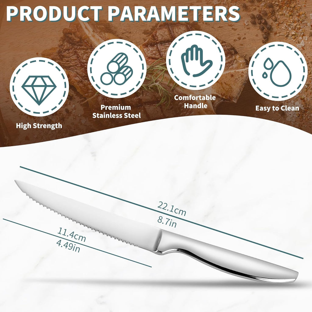 SuperCook Steak Knives Set - 12 Premium Stainless Steel Serrated Knives | Dishwasher Safe, Silver Finish