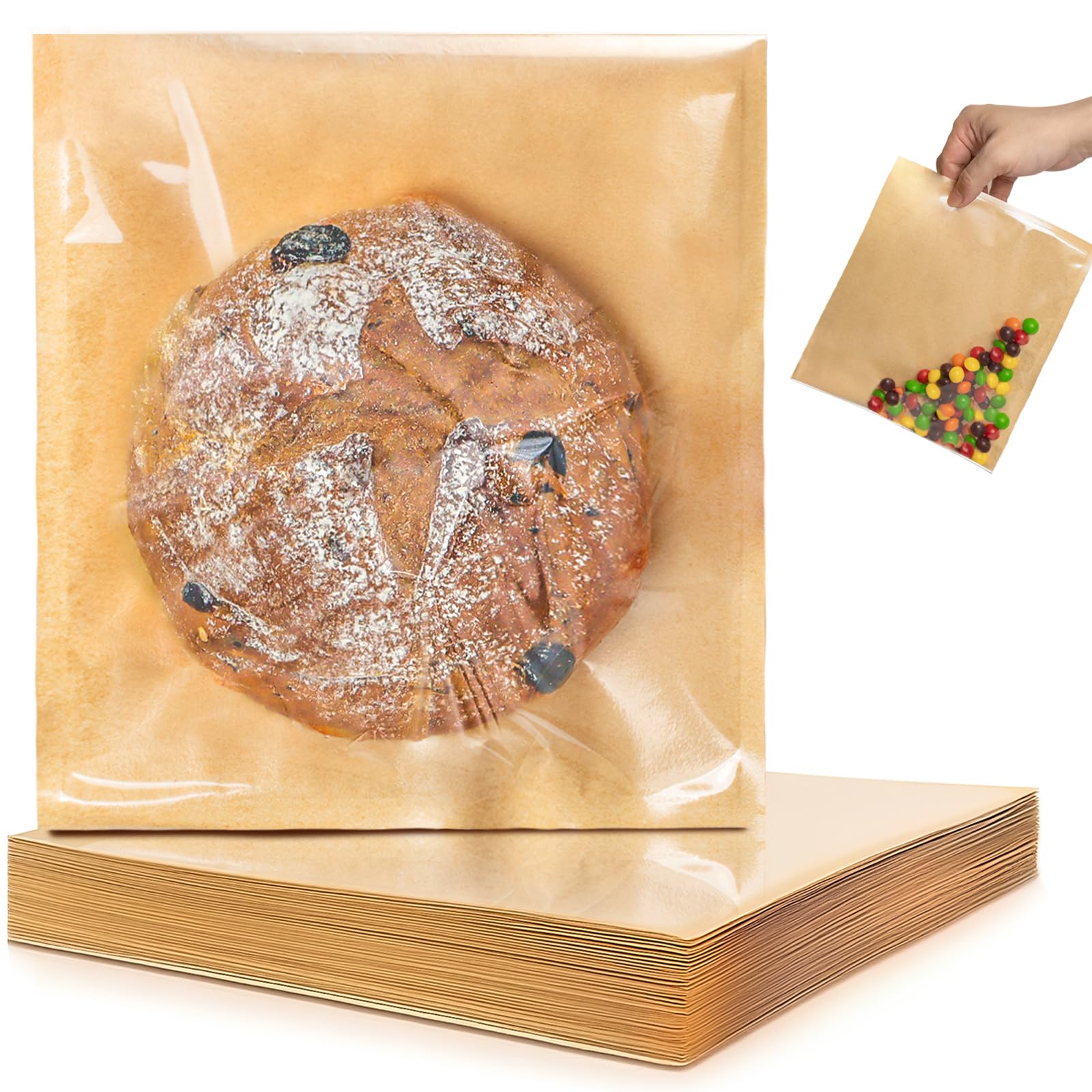 Self Sealing Sandwich Bags with Seal, 7 × 9.2 Inch 200PCS Paper Bakery Bags with Window, Grease Resistant To Go Sleeves for Packaging Donut, Snack, Scone, Brownie, Small Pastries and other Treats