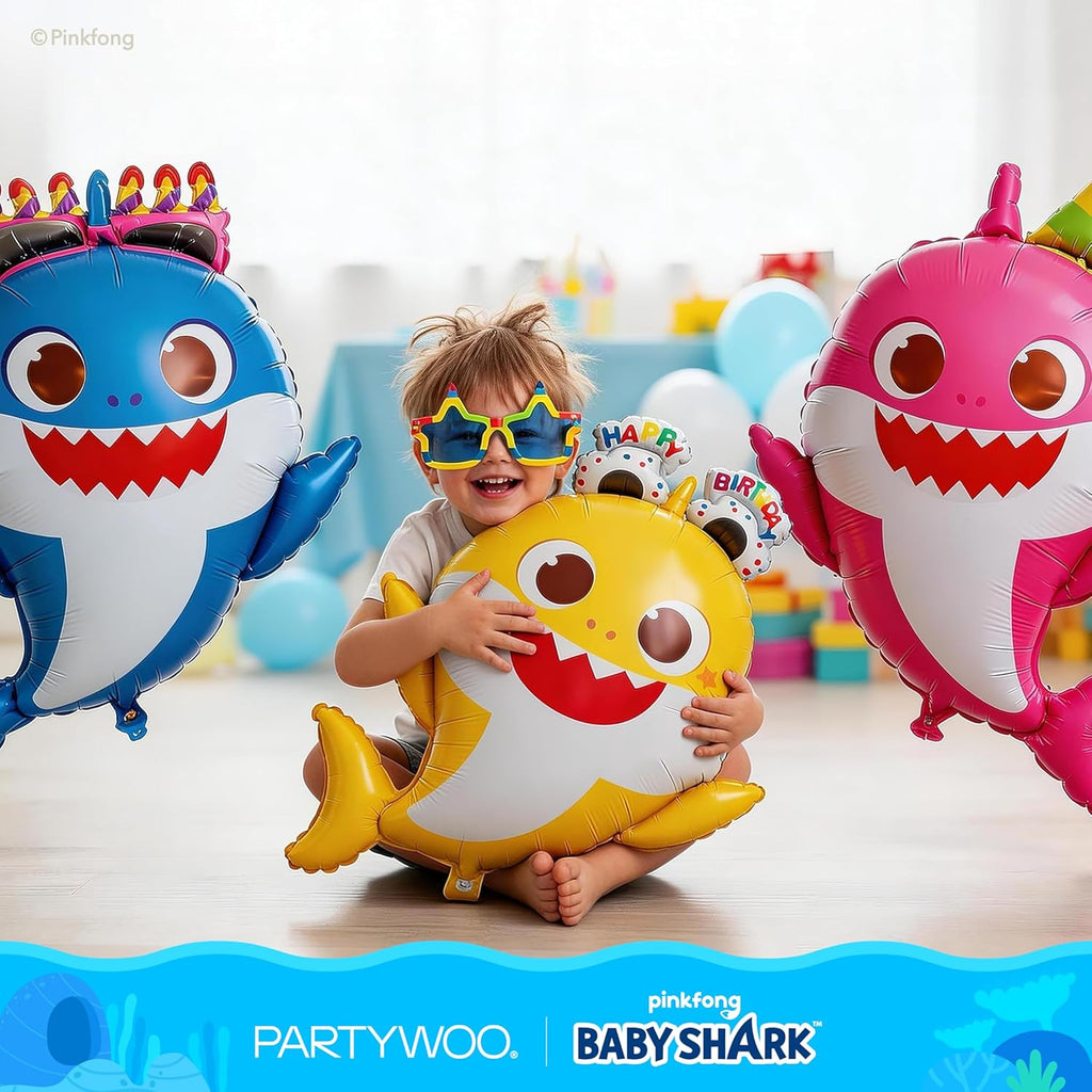 PartyWoo Baby Shark Family Foil Balloons - 5pcs Mylar Helium Balloons for Ocean-Themed Birthday Party | 36-34-32 Inch